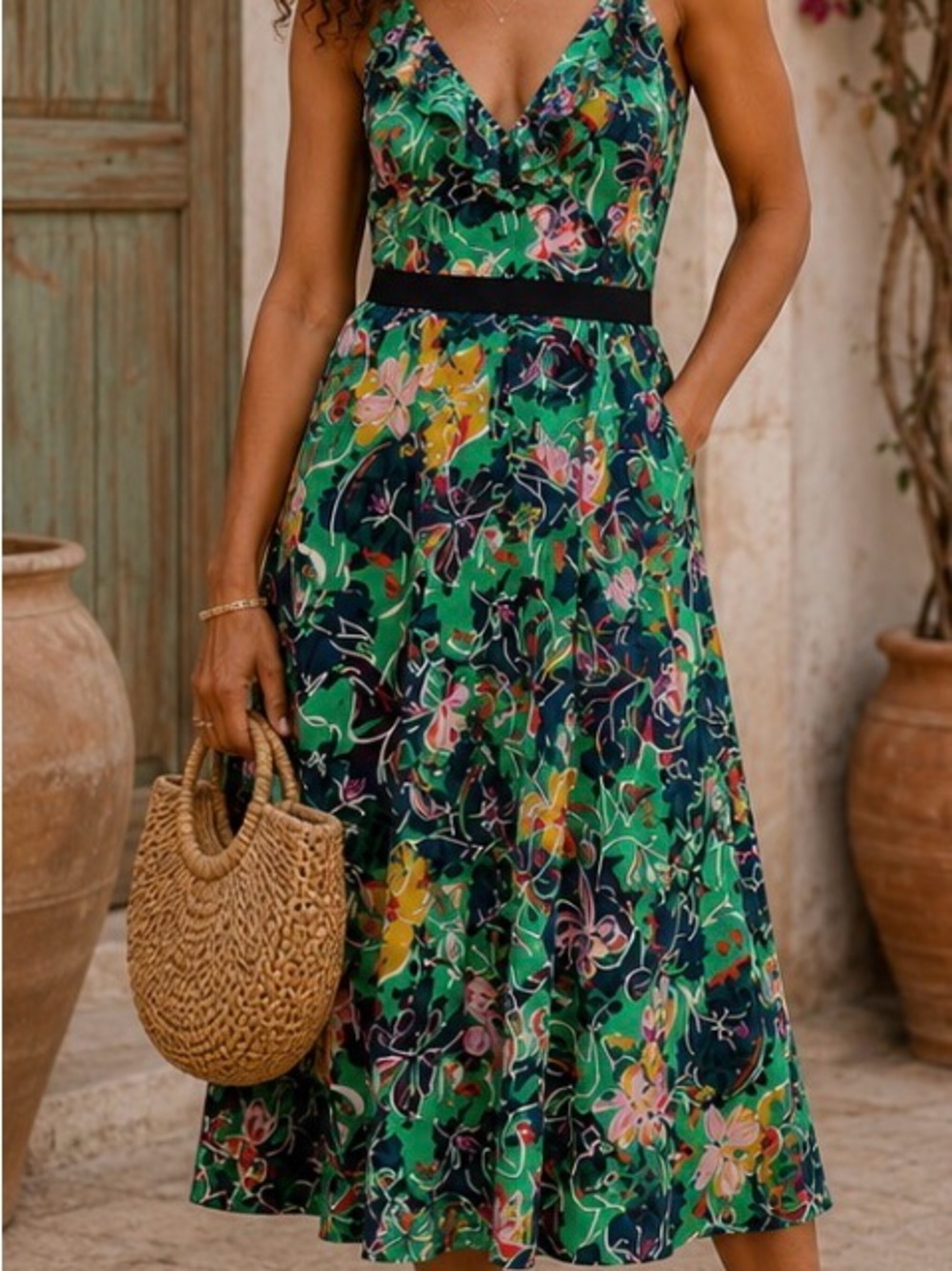 SALONI Green Floral V-Neck Midi Dress with Black Waistband Sz 8